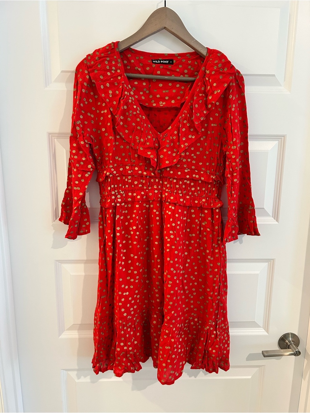 Wild Pony Polka Dot Ruffle Dress Red Gold Size S